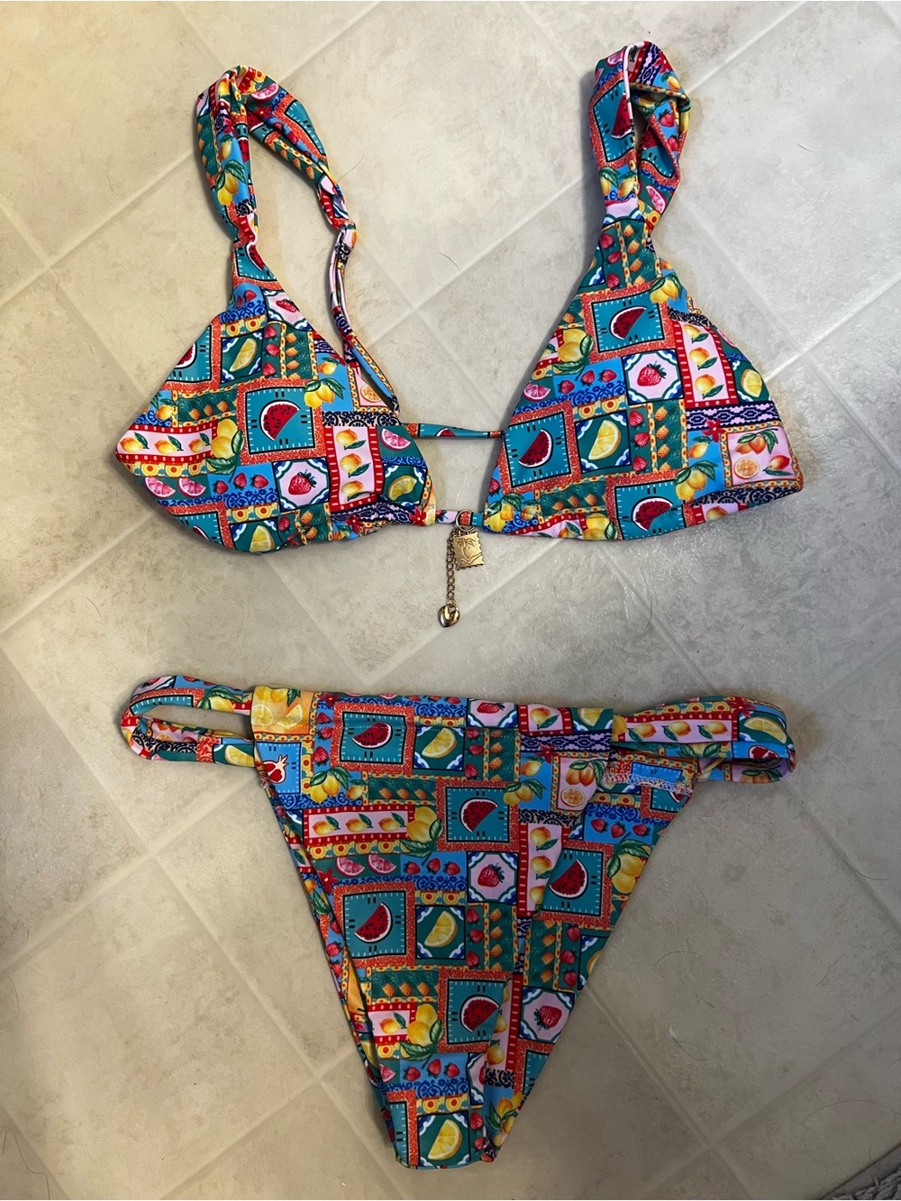 Tropical Fruit Print Triangle Bikini - Teal Multi - Brand New; Never Worn!